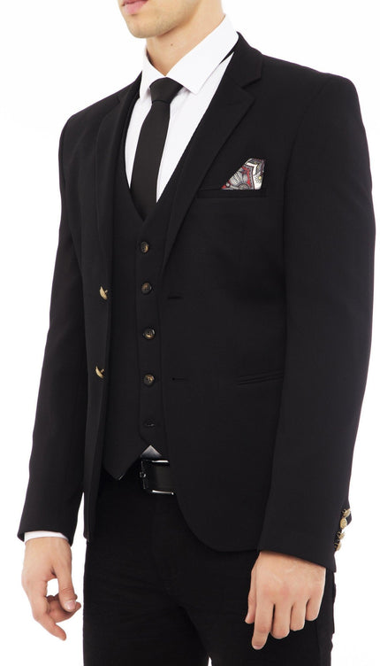 Gold - Button Fitted Notch Blazer - Black - Ron Tomson