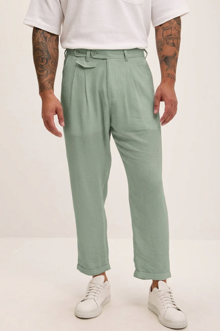 Relaxed Fit Linen Blend Pants - Green