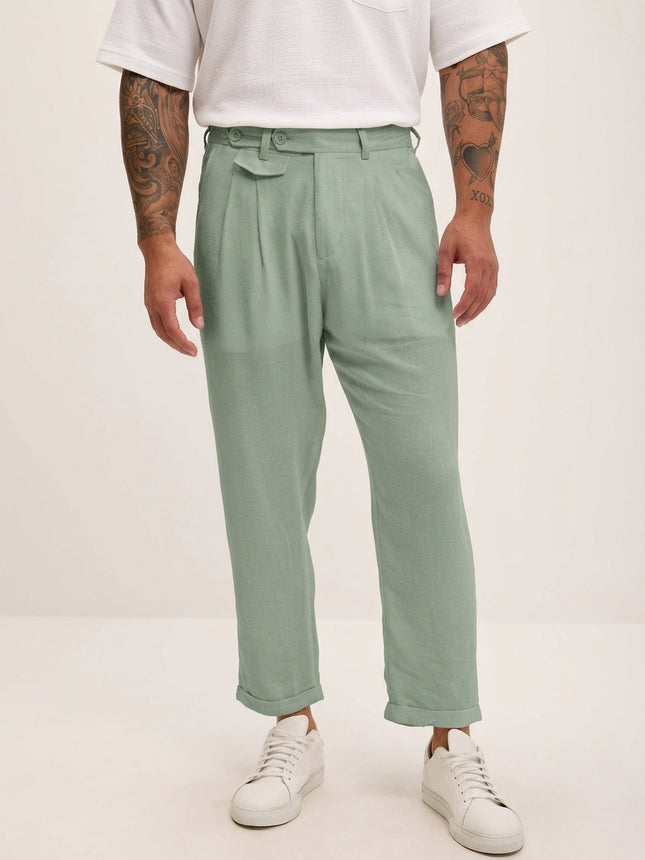 Relaxed Fit Linen Blend Pants - Green