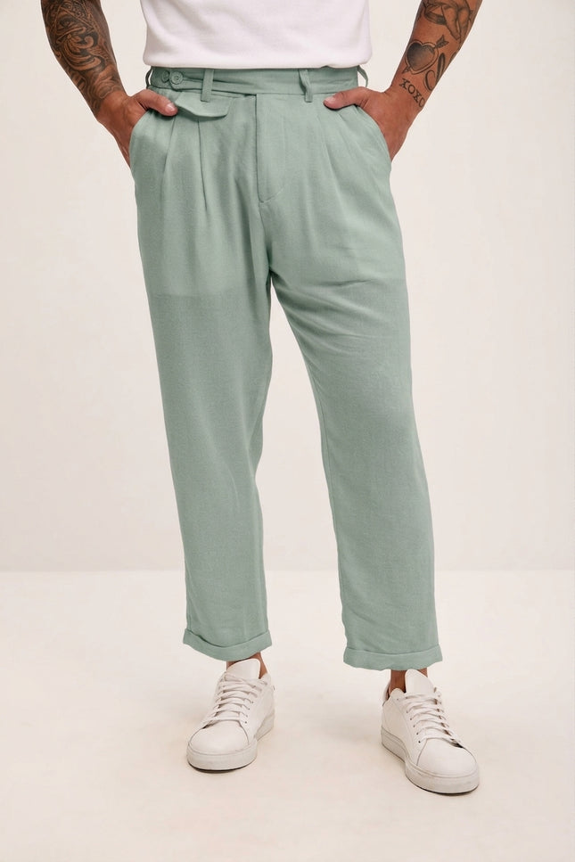 Relaxed Fit Linen Blend Pants - Green