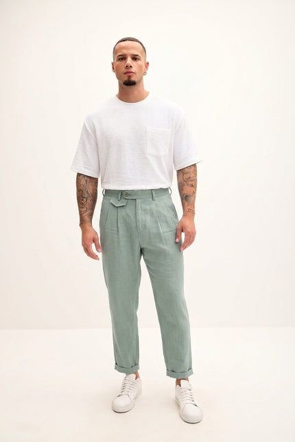 Relaxed Fit Linen Blend Pants - Green