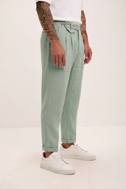 Relaxed Fit Linen Blend Pants - Green