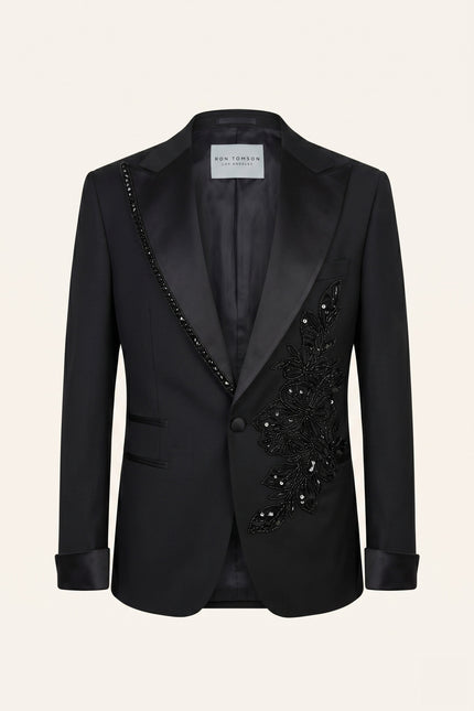 Hand Appliqué Wide Peak Lapel Embellished Tuxedo - Black