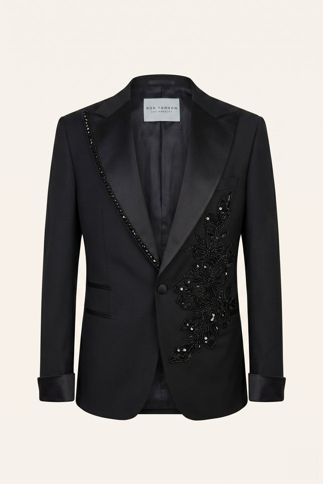 Hand Appliqué Wide Peak Lapel Embellished Tuxedo - Black