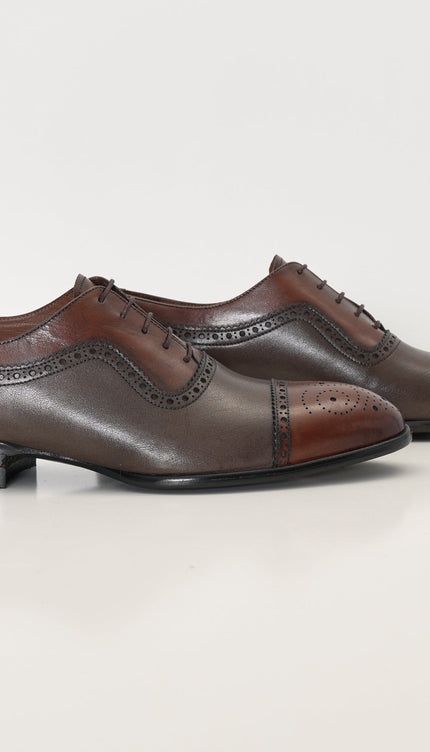 Hand Made Full Brogue Leather Cap Toe Derby Shoes - Brown & Green - Ron Tomson