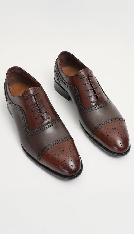 Hand Made Full Brogue Leather Cap Toe Derby Shoes - Brown & Green - Ron Tomson