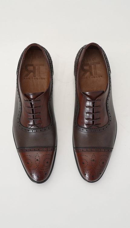 Hand Made Full Brogue Leather Cap Toe Derby Shoes - Brown & Green - Ron Tomson