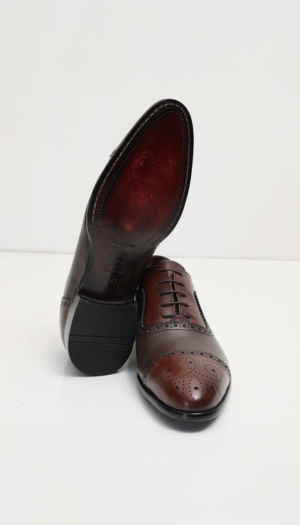 Hand Made Full Brogue Leather Cap Toe Derby Shoes - Brown & Green - Ron Tomson