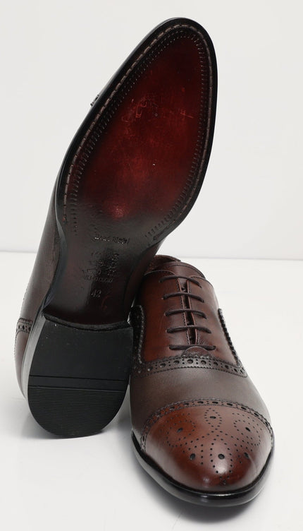 Hand Made Full Brogue Leather Cap Toe Derby Shoes - Brown & Green - Ron Tomson