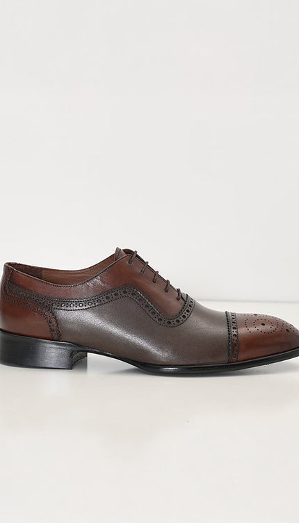 Hand Made Full Brogue Leather Cap Toe Derby Shoes - Brown & Green - Ron Tomson