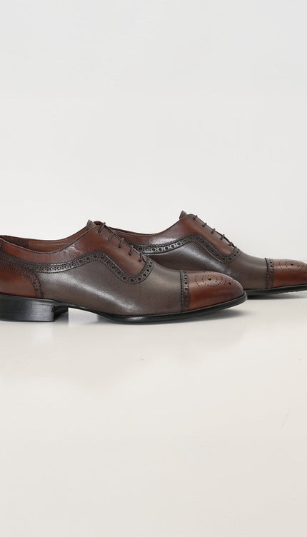 Hand Made Full Brogue Leather Cap Toe Derby Shoes - Brown & Green - Ron Tomson