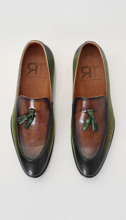 Hand Paint Patina Leather Tassel Shoes - Brown - Ron Tomson