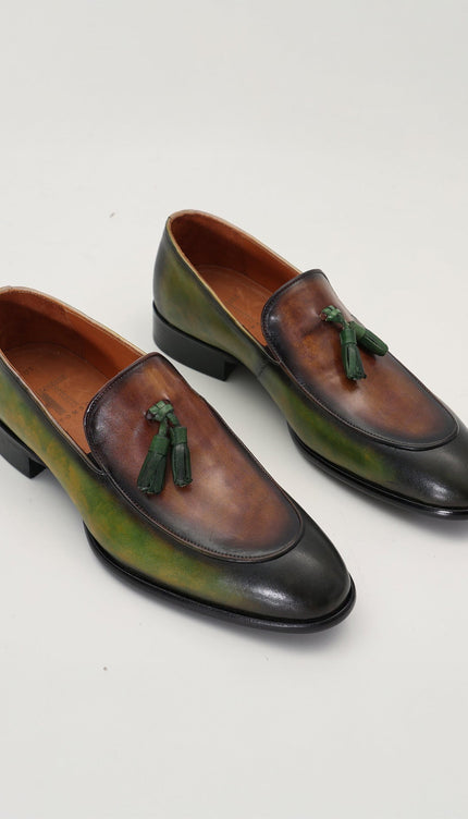 Hand Paint Patina Leather Tassel Shoes - Brown - Ron Tomson