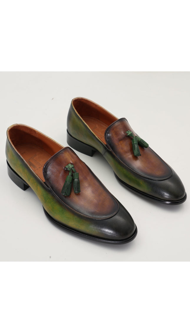 Hand Paint Patina Leather Tassel Shoes - Brown - Ron Tomson