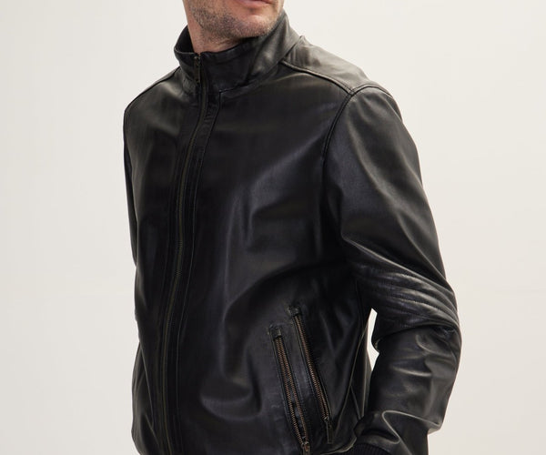 High Collar Leather Bomber Jacket Black