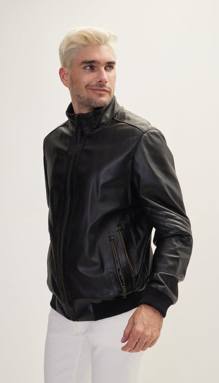High Collar Leather Bomber Jacket - Black - Ron Tomson