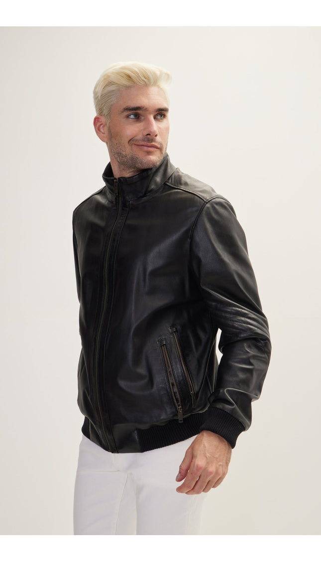 High Collar Leather Bomber Jacket - Black - Ron Tomson