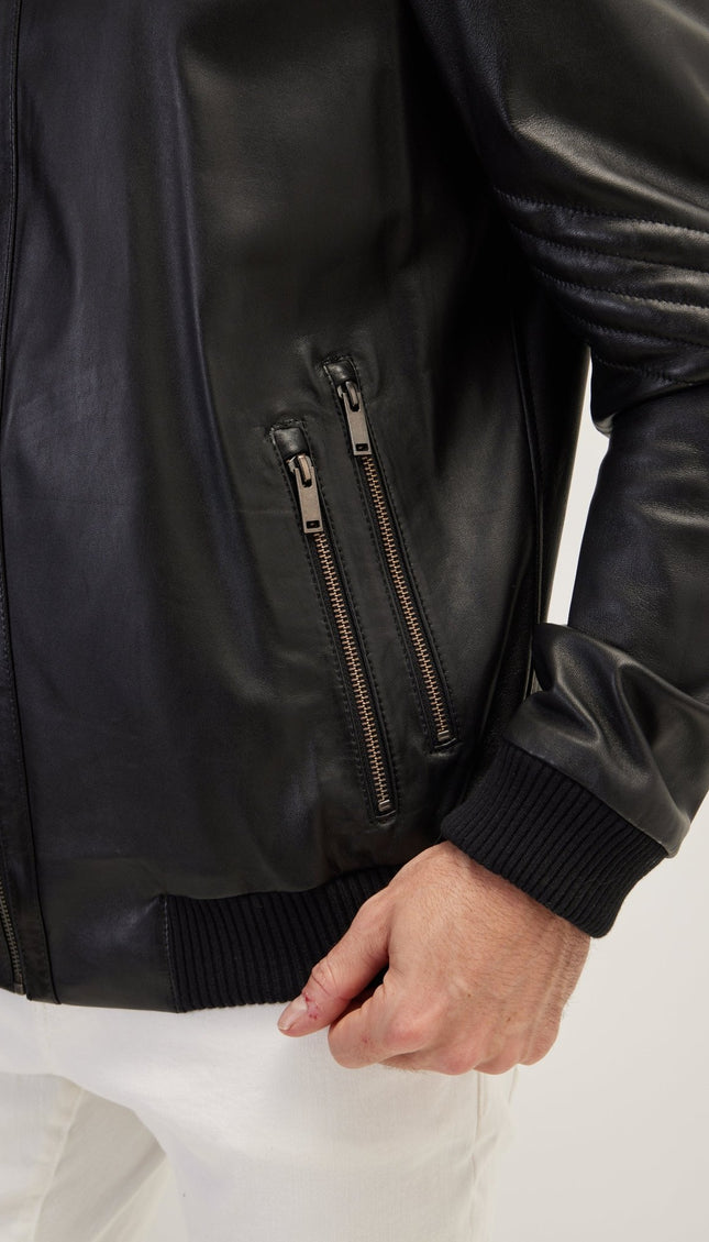 High Collar Leather Bomber Jacket - Black - Ron Tomson
