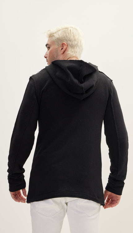 Hooded Asymmetric Closure Raw Cardigan - Black - Ron Tomson