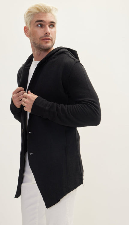 Hooded Asymmetric Closure Raw Cardigan - Black - Ron Tomson