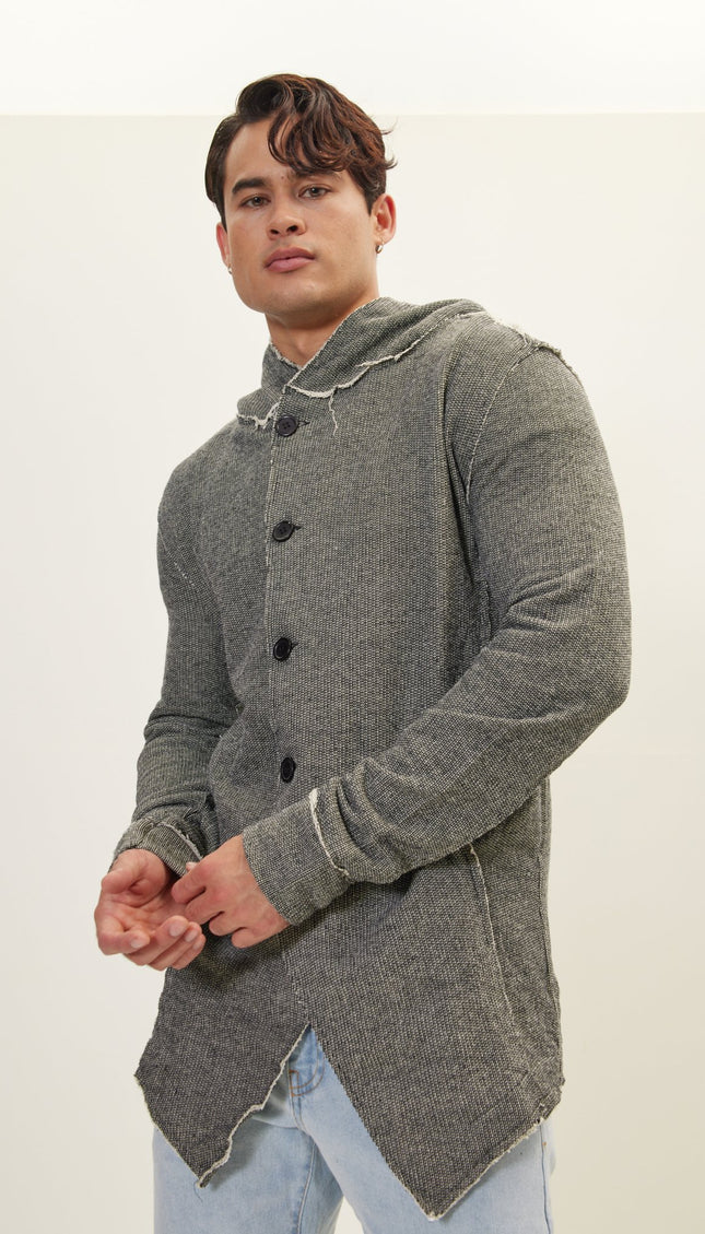 Hooded Asymmetric Closure Raw Cardigan - Black White - Ron Tomson