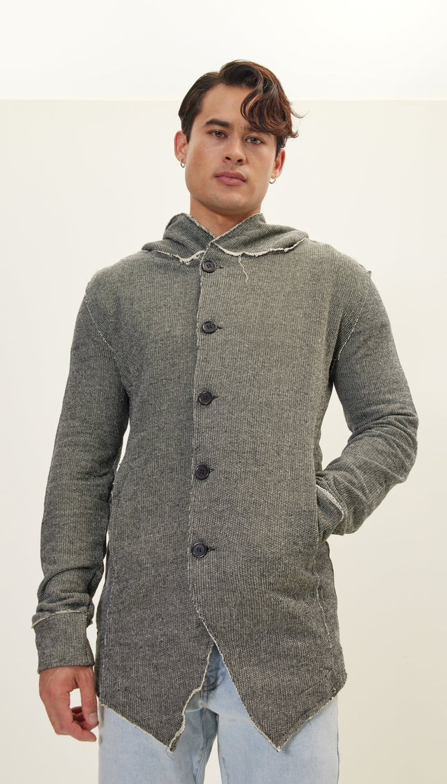 Hooded Asymmetric Closure Raw Cardigan - Black White - Ron Tomson