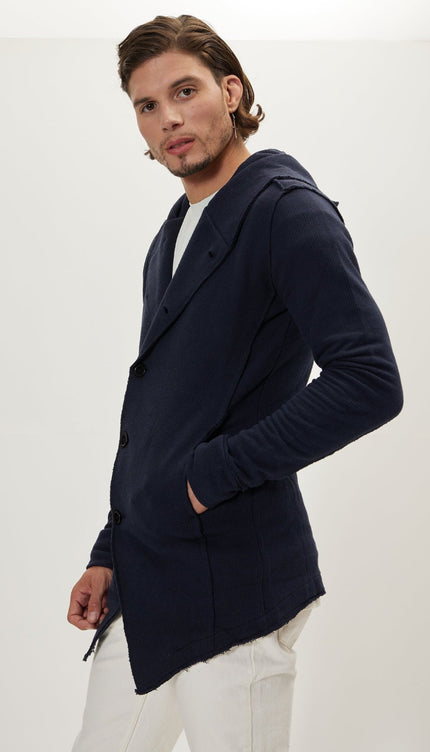 Hooded Asymmetric Closure Raw Cardigan - Navy - Ron Tomson