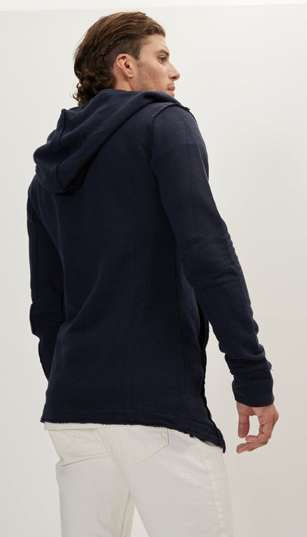 Hooded Asymmetric Closure Raw Cardigan - Navy - Ron Tomson