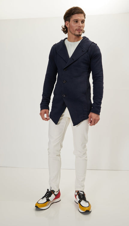 Hooded Asymmetric Closure Raw Cardigan - Navy - Ron Tomson