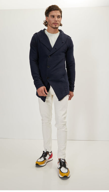 Hooded Asymmetric Closure Raw Cardigan - Navy - Ron Tomson