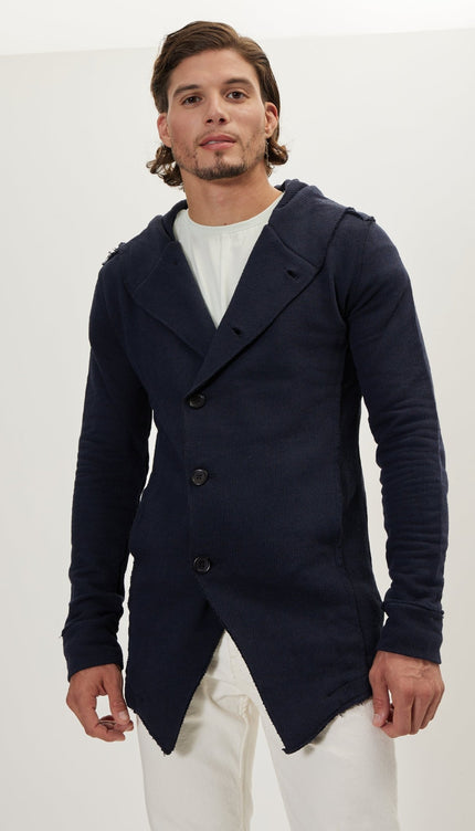 Hooded Asymmetric Closure Raw Cardigan - Navy - Ron Tomson