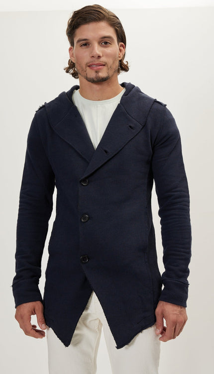 Hooded Asymmetric Closure Raw Cardigan - Navy - Ron Tomson