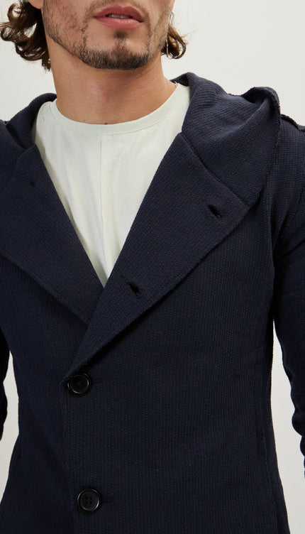 Hooded Asymmetric Closure Raw Cardigan - Navy - Ron Tomson