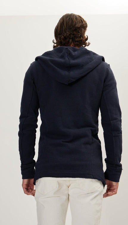 Hooded Asymmetric Closure Raw Cardigan - Navy - Ron Tomson