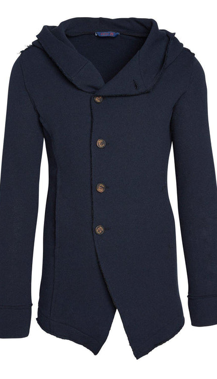 Hooded Asymmetric Closure Raw Cardigan - Navy - Ron Tomson