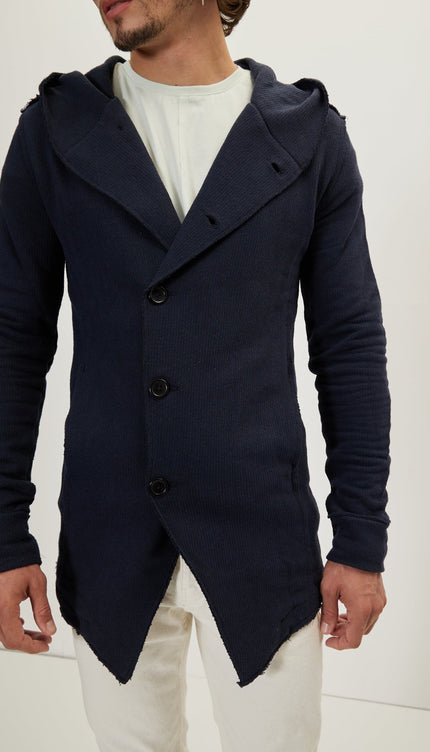 Hooded Asymmetric Closure Raw Cardigan - Navy - Ron Tomson