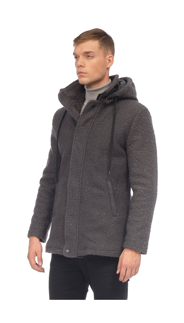 Hooded Boucle Coat - Anthracite - Ron Tomson
