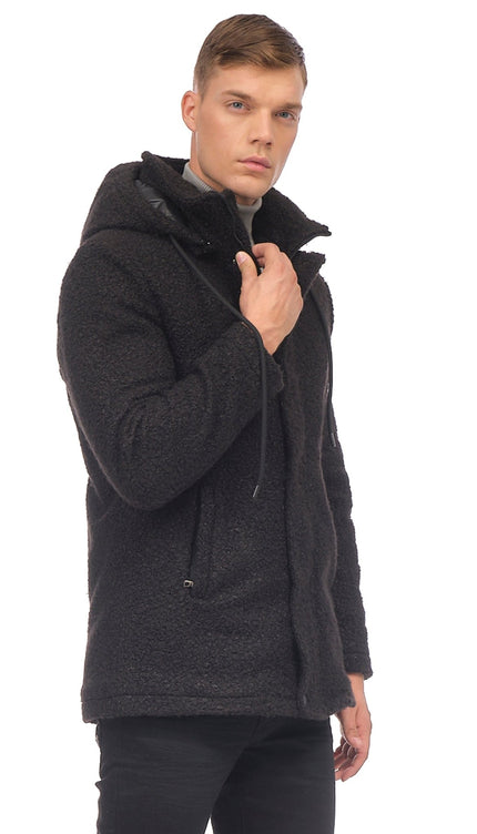 Hooded Boucle Coat - Black - Ron Tomson