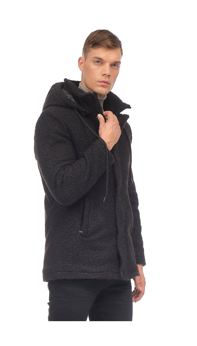 Hooded Boucle Coat - Black - Ron Tomson
