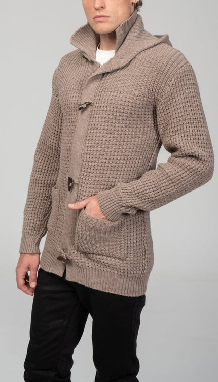 Hooded Fitted Lumber Cardigan - Light Brown - Ron Tomson