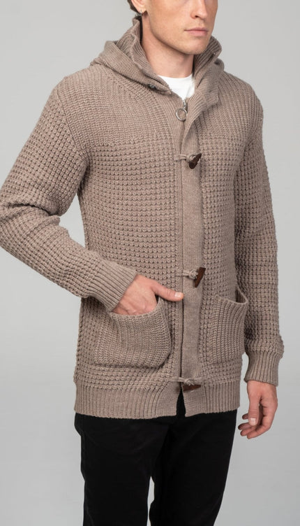 Hooded Fitted Lumber Cardigan - Light Brown - Ron Tomson