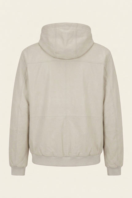 Hooded Leather Bomber Jacket - Ecru - Back