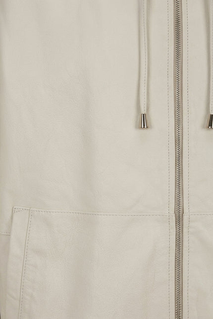 Hooded Leather Bomber Jacket - Ecru - Detail