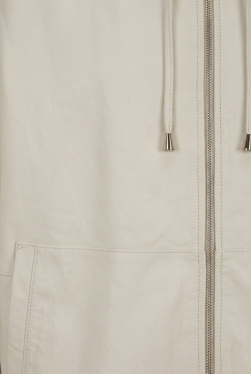 Hooded Leather Bomber Jacket - Ecru - Detail