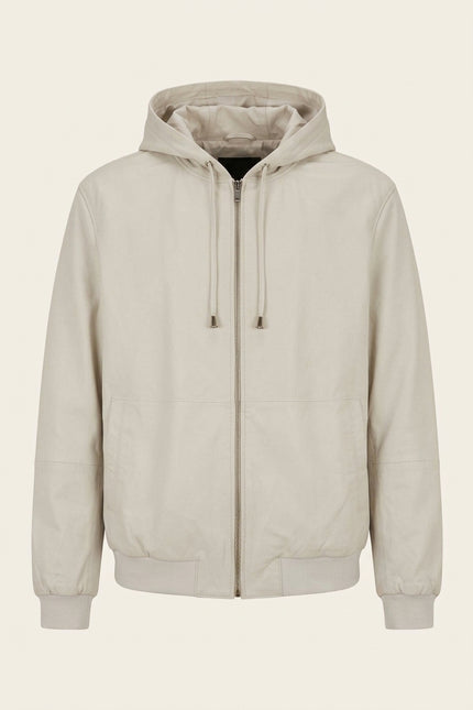 Hooded Leather Bomber Jacket - Ecru - Front
