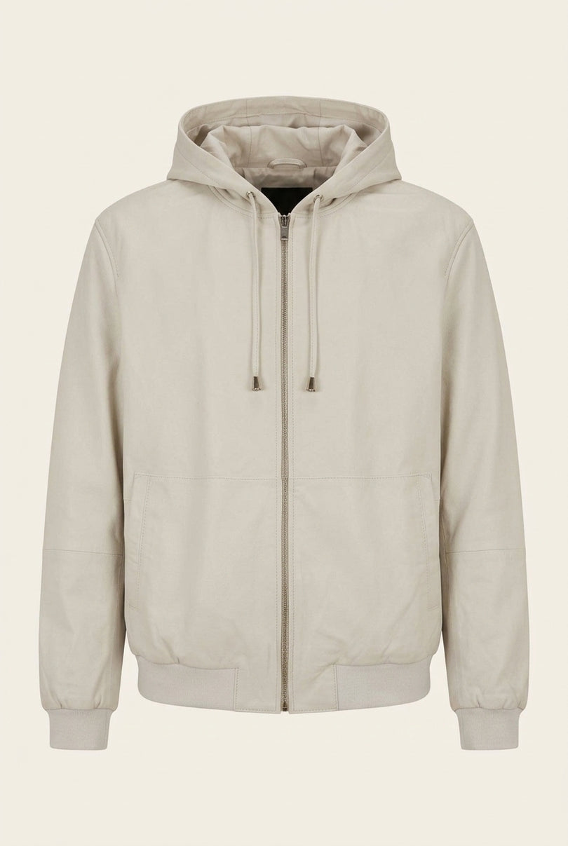 Hooded Leather Bomber Jacket - Ecru - Front