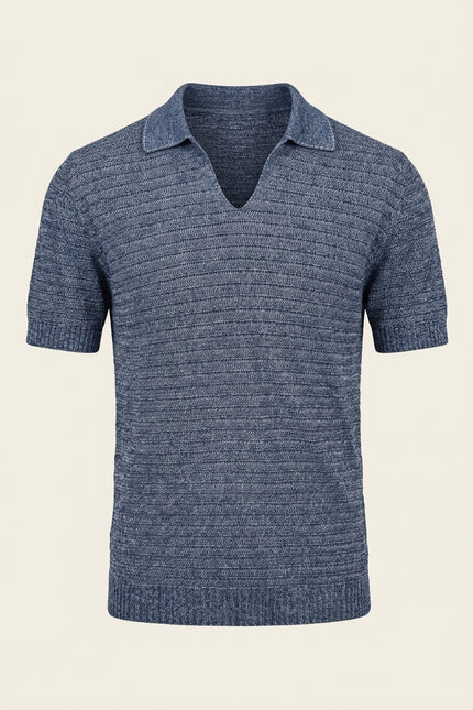 Horizontal Stripe Knit Polo Shirt - Navy - Front