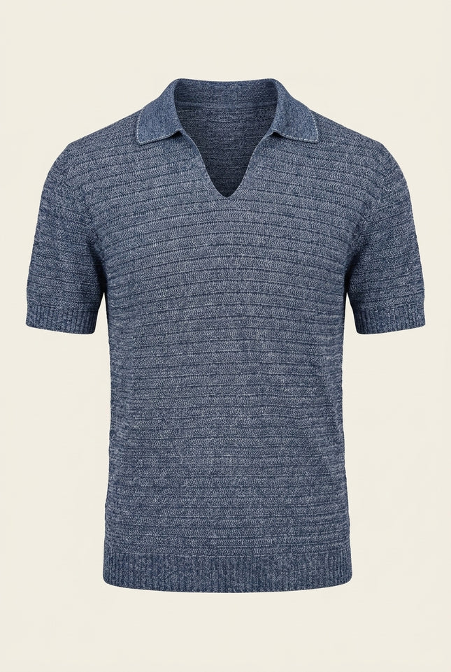 Horizontal Stripe Knit Polo Shirt - Navy - Front