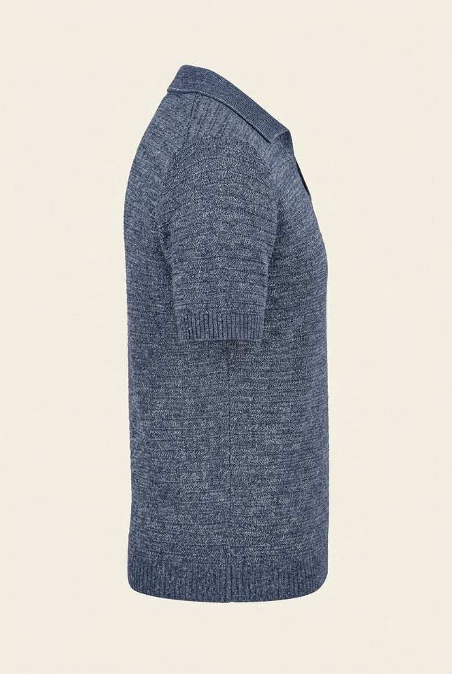 Horizontal Stripe Knit Polo Shirt - Navy - Side
