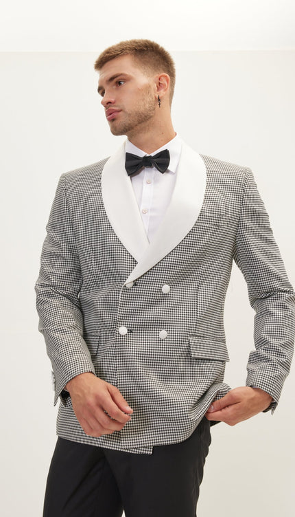 Houndstooth Double Breasted Dinner Jacket - Off White Black - Ron Tomson